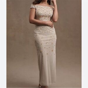 BHLDN Rosie Off-Shoulder Beaded Back-Slit
Column Gown